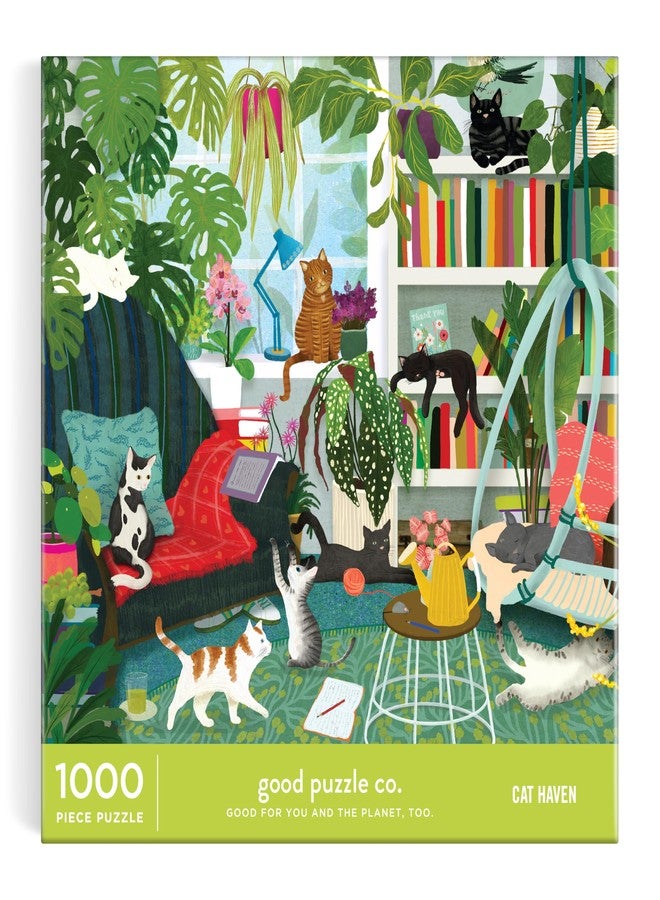 Galison Good Puzzle Co Cat Haven - 1000 Piece Jigsaw Puzzle Featuring Beautiful Artwork of A Chic Bookshelf Surrounded by Adorable Cats - Image 2